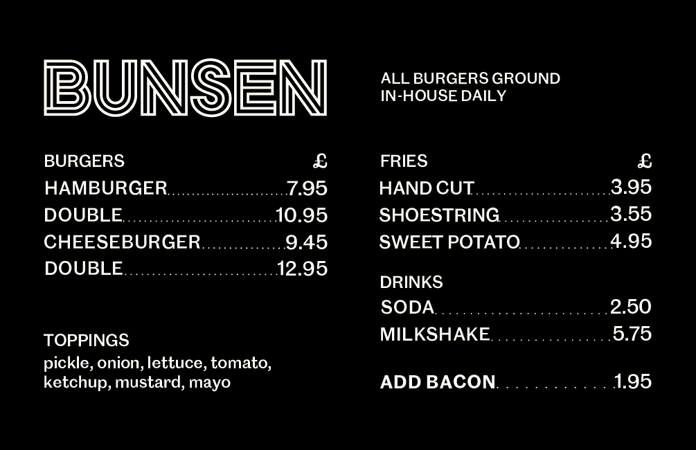 Bunsen food gbp menu